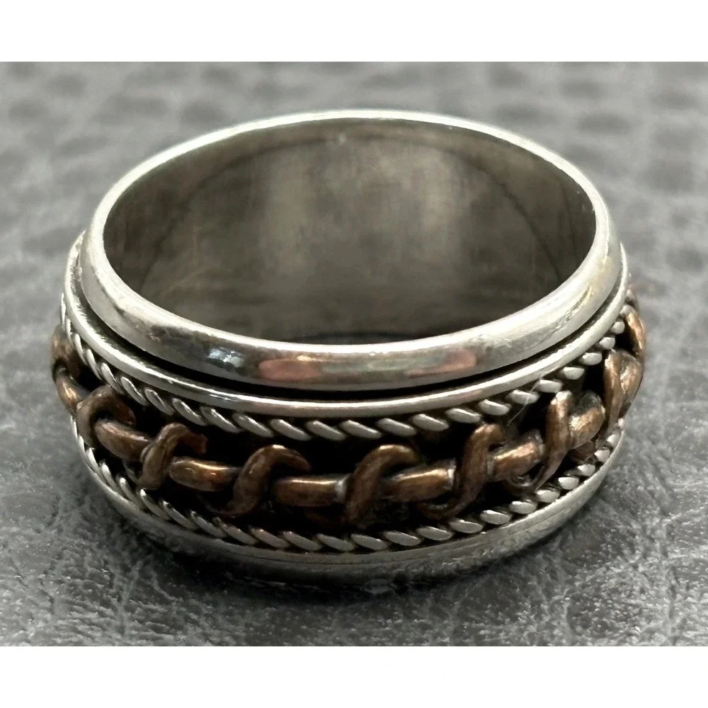 Sterling Silver 925 & Copper Fidget Spinner Ring Twisted Rope Woven Band Size 7
